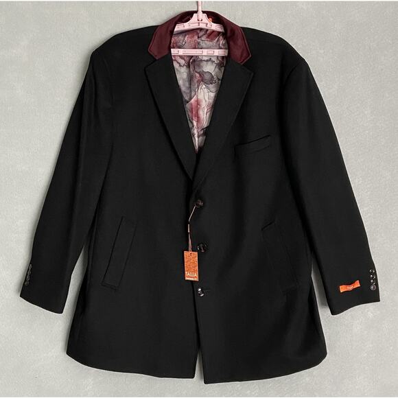 Tallia Men's 2XL Velutti Overcoat Solid Black Wool Blend Contrasting Collar NEW